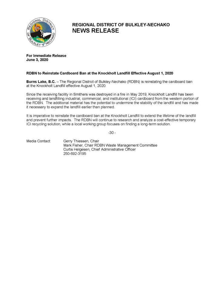 June 3, 2020 - RDBN News Release - Reinstate Cardboard Ban at Knockholt Landfill Effective August 1, 2020.jpg